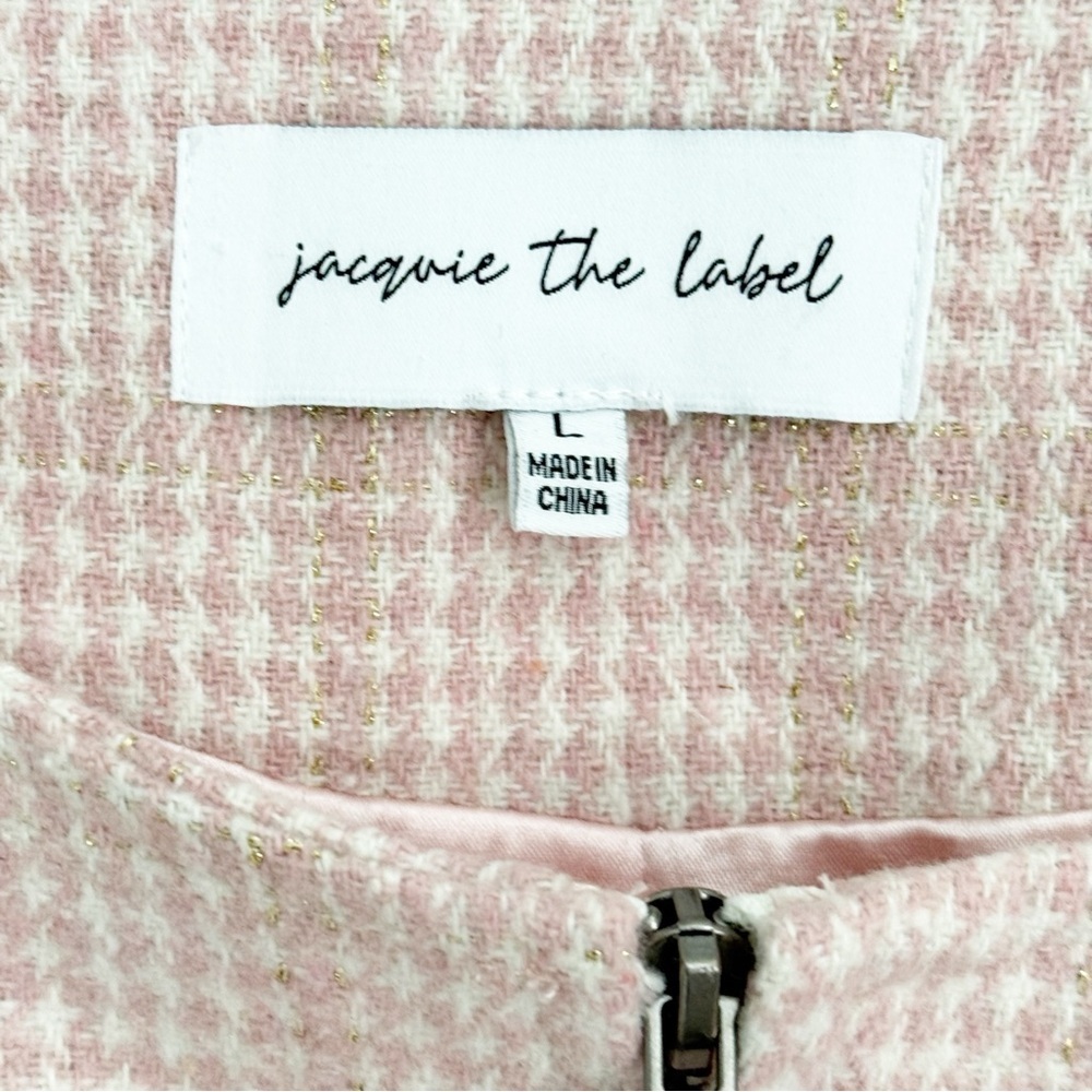JACQUIE THE LABEL Women’s Pink White Tweed Bouclé Cropped Zip Jacket Size Large - Picture 6 of 8